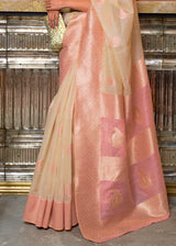 Tan Cream and Pink Zari Woven Linen Saree