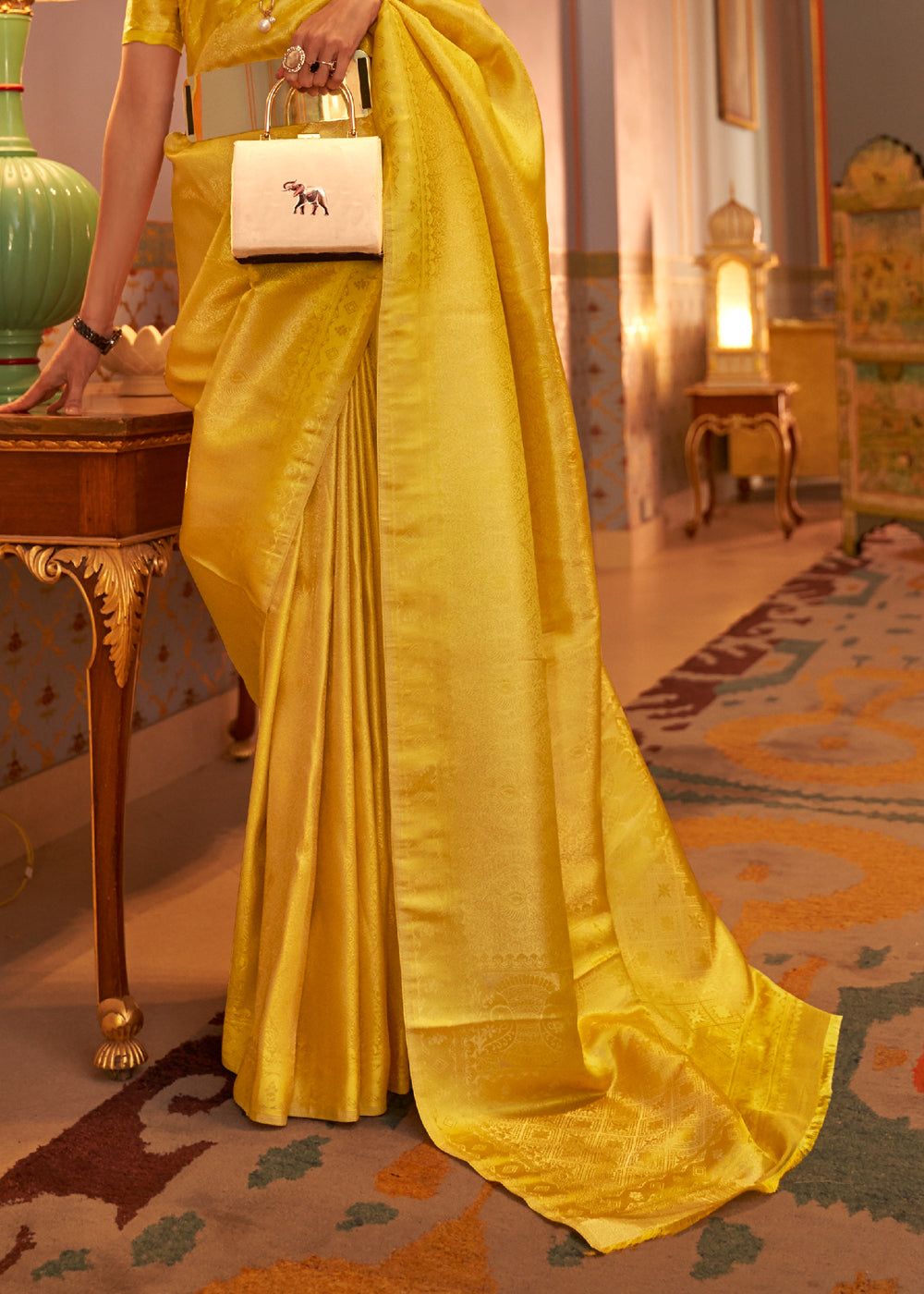 Buy MySilkLove Golden Yellow Dual tone Satin Banarasi Saree Online