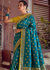 Teal Blue and Yellow Zari Woven Banarasi Brocade Saree