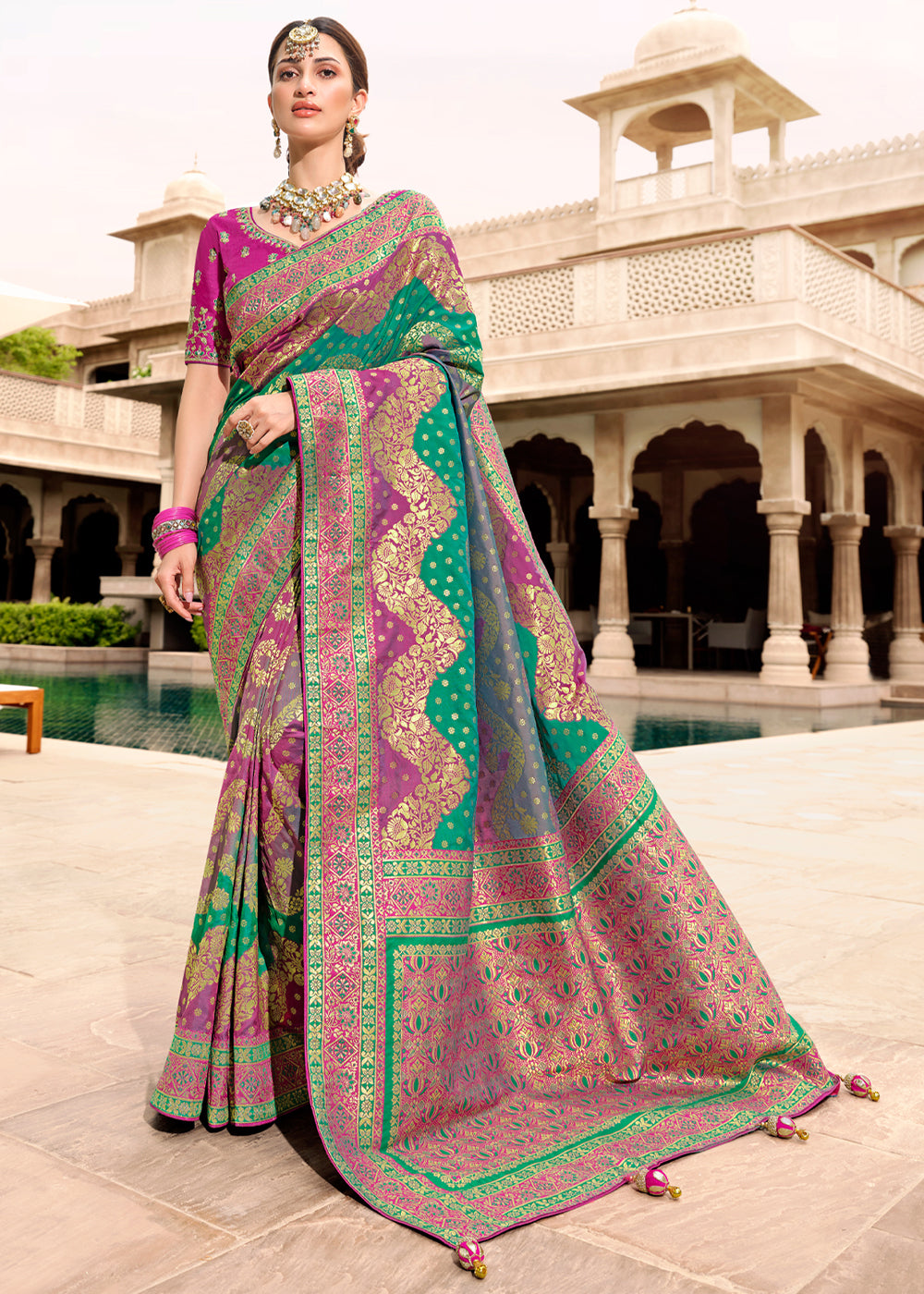 Pine Green and Purple Woven Designer Banarasi Silk Saree