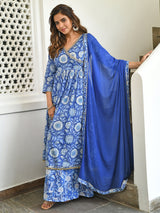 Indigo Blue Cotton Floral Block Print Kurta With Pant And Dupatta
