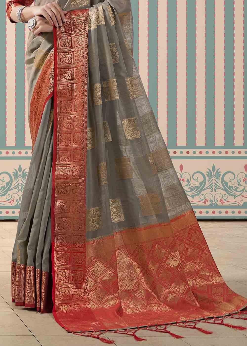 Buy MySilkLove Sand Grey and Red Zari Woven Linen Saree Online