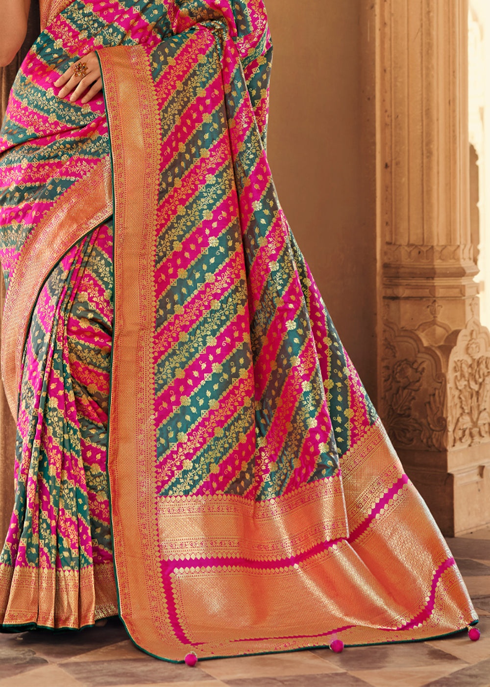 Buy MySilkLove Cedar Pink and Green Zari Woven Striped Banarasi Saree with Designer Blouse Online