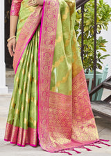 Olive Green Zari Woven Organza Tissue Silk Saree