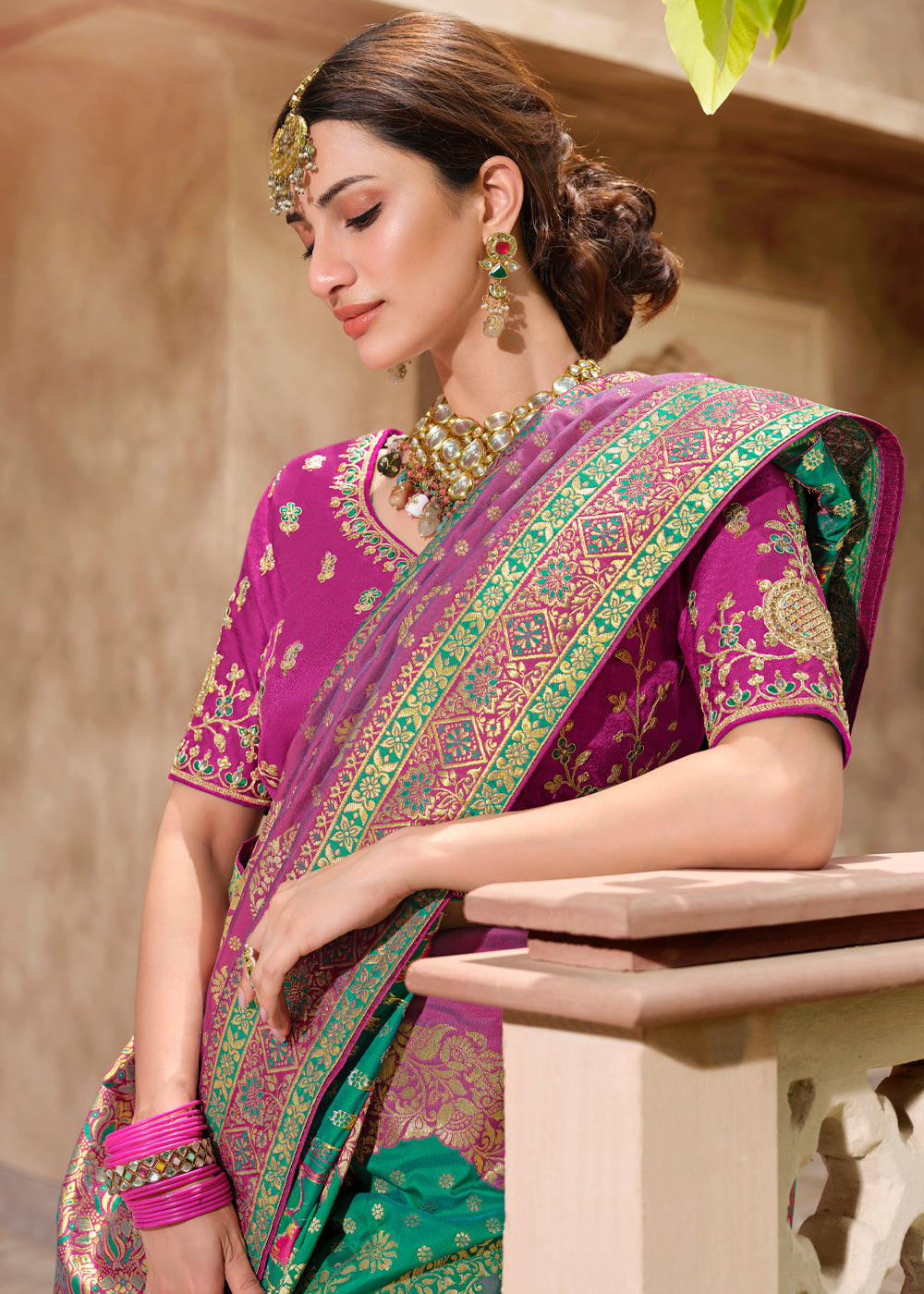 Pine Green and Purple Woven Designer Banarasi Silk Saree