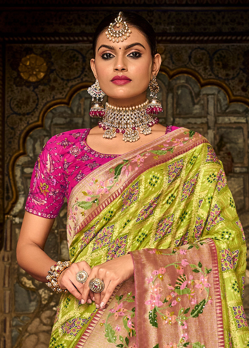 Buy MySilkLove Earls Green and Pink  Patola Printed Dola Silk Saree With Embroidered Blouse Online