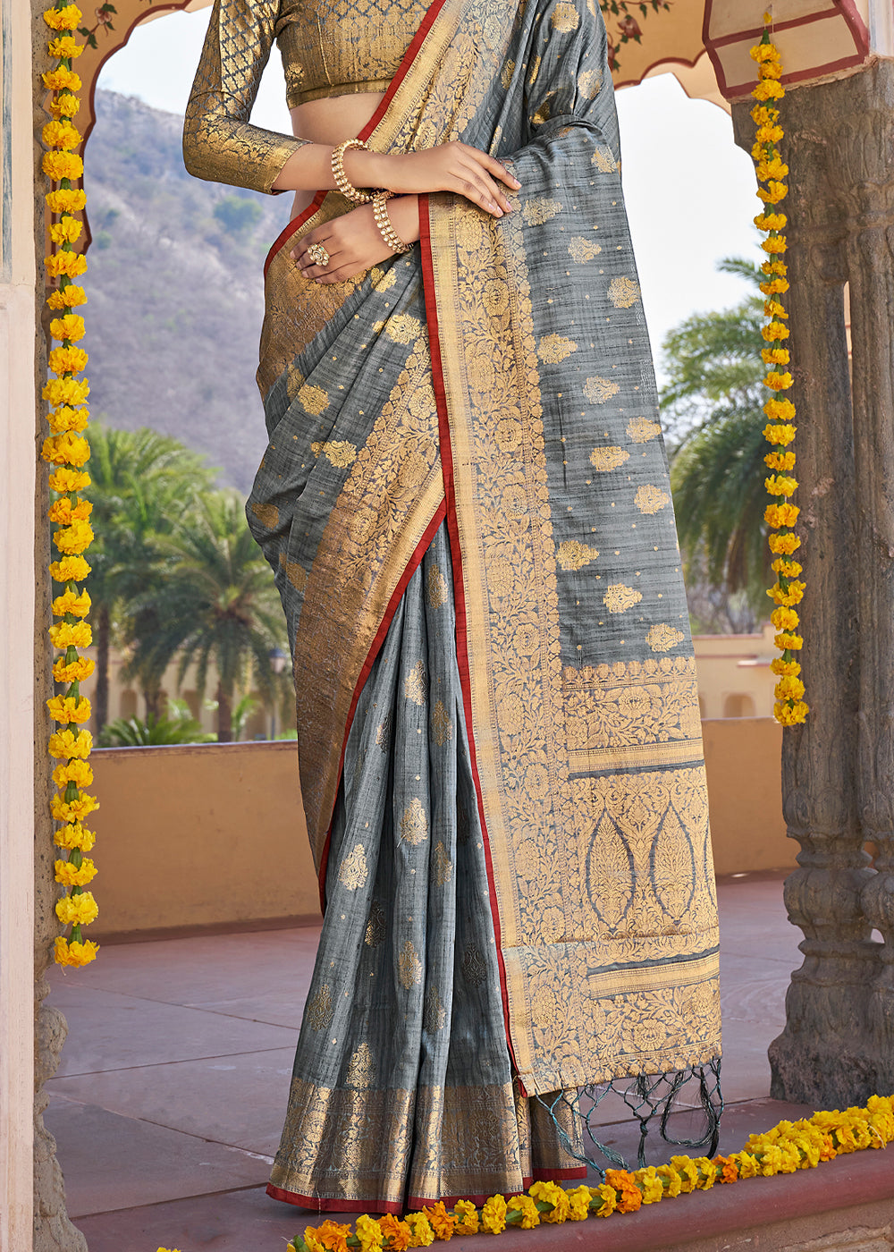 Buy MySilkLove Silver Sand Grey Zari Woven Banarasi Linen Saree Online