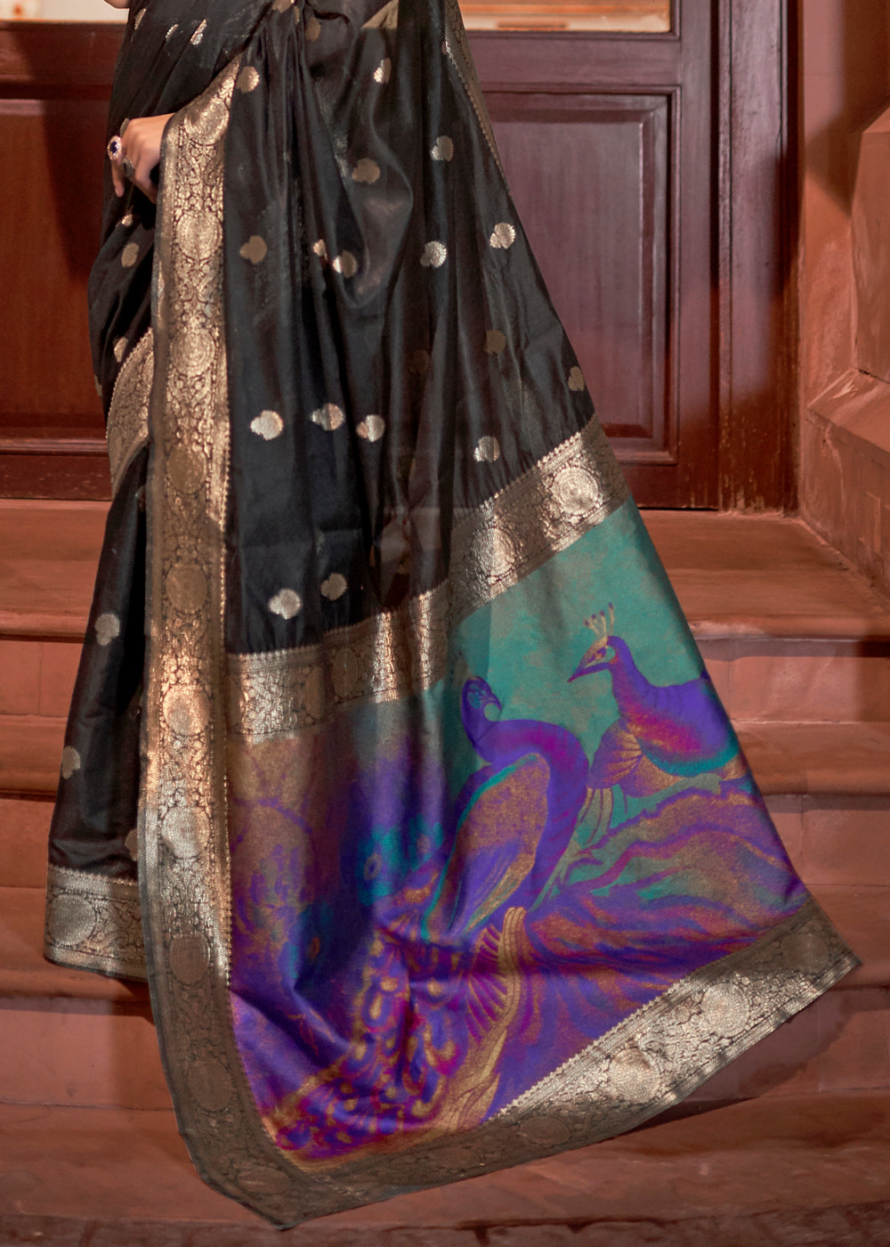 Buy MySilkLove Dune Black Zari Woven Banarasi Saree with Peacock Pallu Online