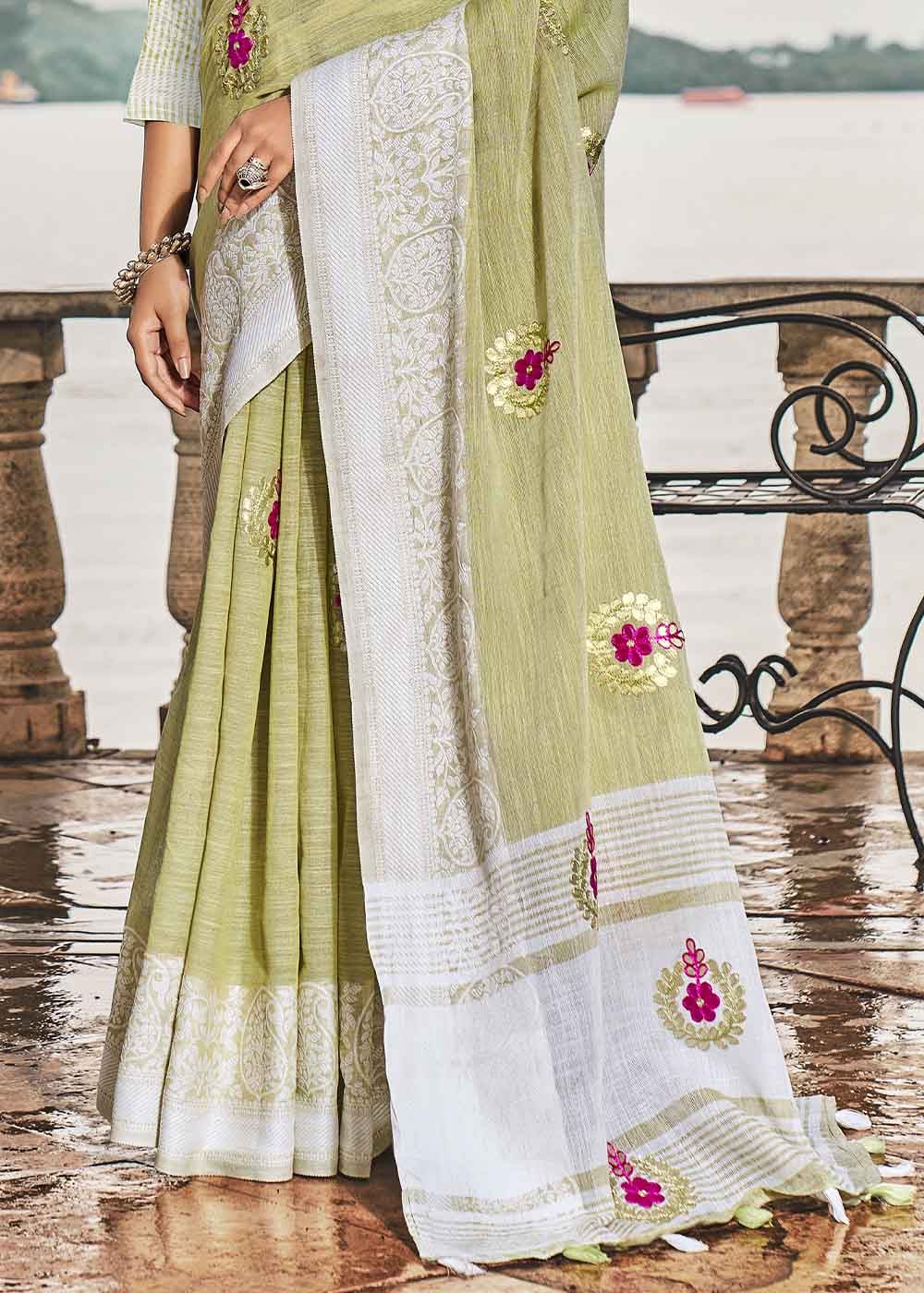 Buy MySilkLove Misty Green Zari Woven Soft Linen Silk Saree Online