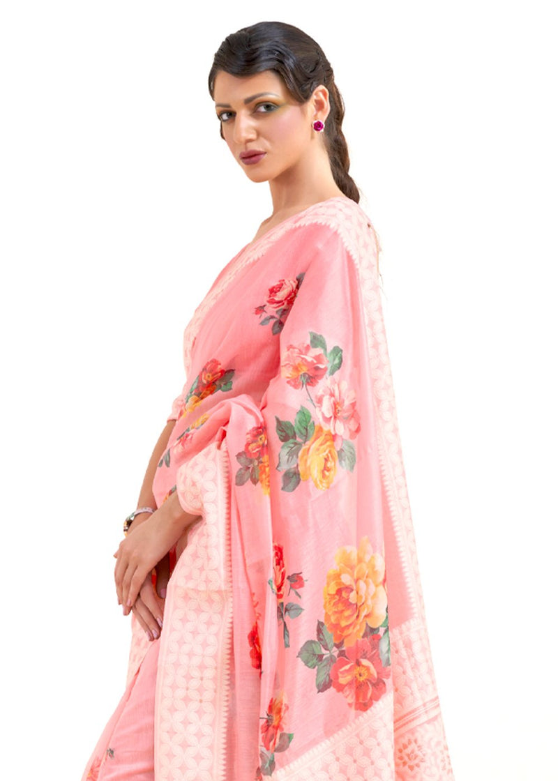 Azalea Pink Zari Woven Digital Printed Linen Saree