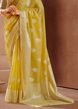 Old Gold Yellow Zari Woven Banarasi Linen Saree