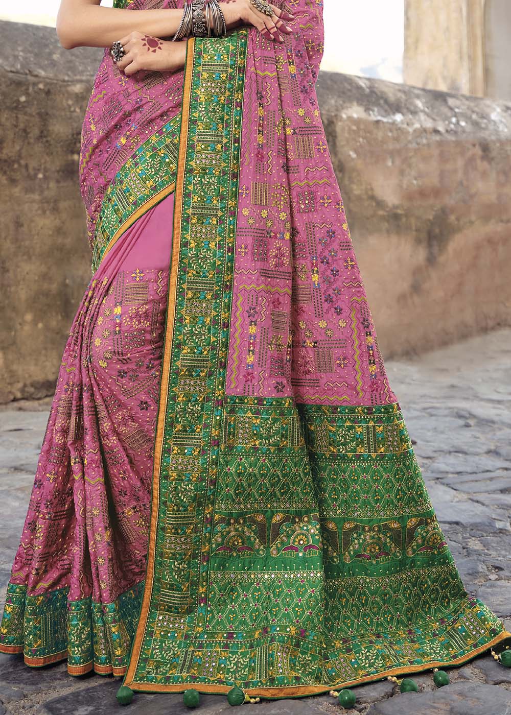 Buy MySilkLove Contessa Pink and Green Banarasi Saree with Kachhi,Mirror and Diamond Work Online