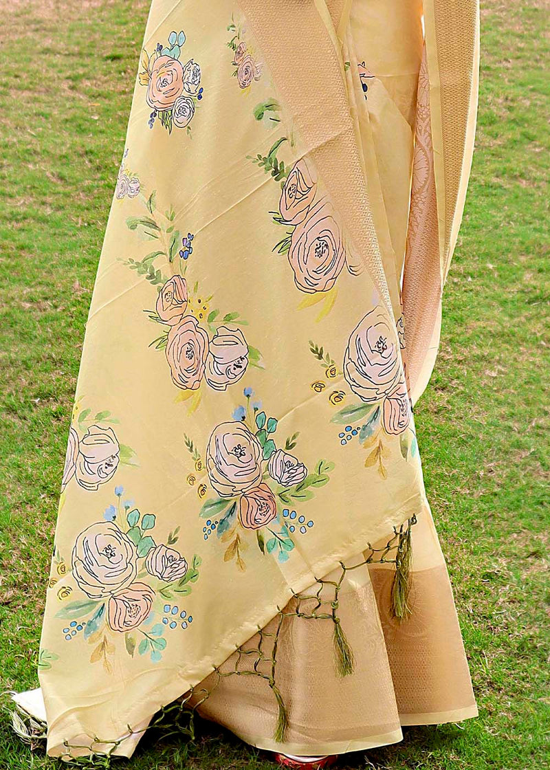 Calico Yellow Floral Printed Soft Silk Saree