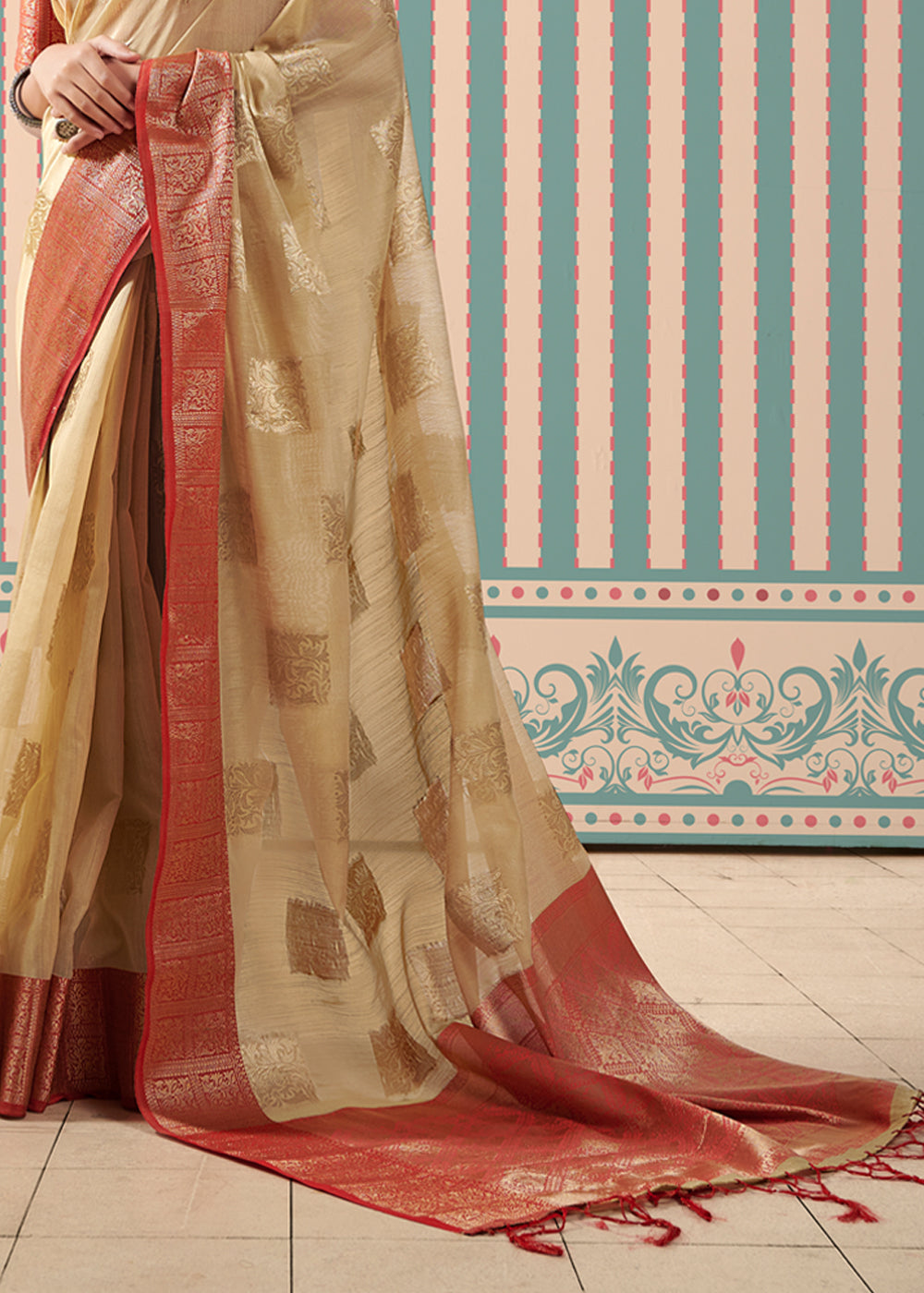 Buy MySilkLove Muddy Water Cream Zari Woven Banarasi Brocade Linen Saree Online