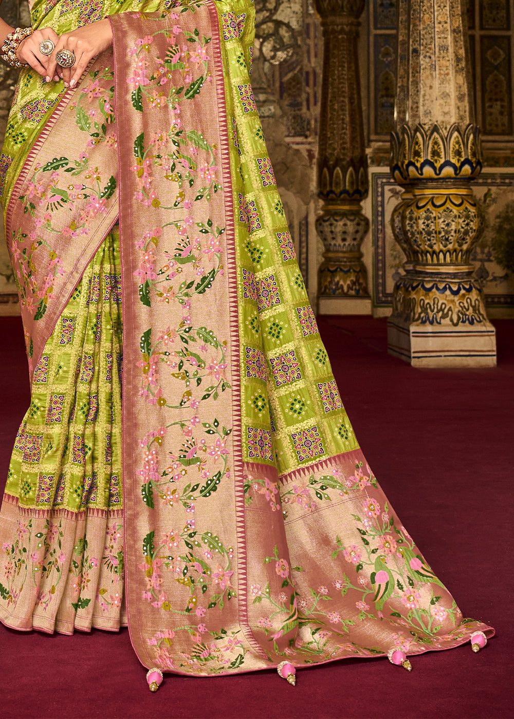 Buy MySilkLove Earls Green and Pink  Patola Printed Dola Silk Saree With Embroidered Blouse Online