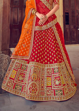 Persian Red and Orange Heavy Embroidered Designer Lehenga