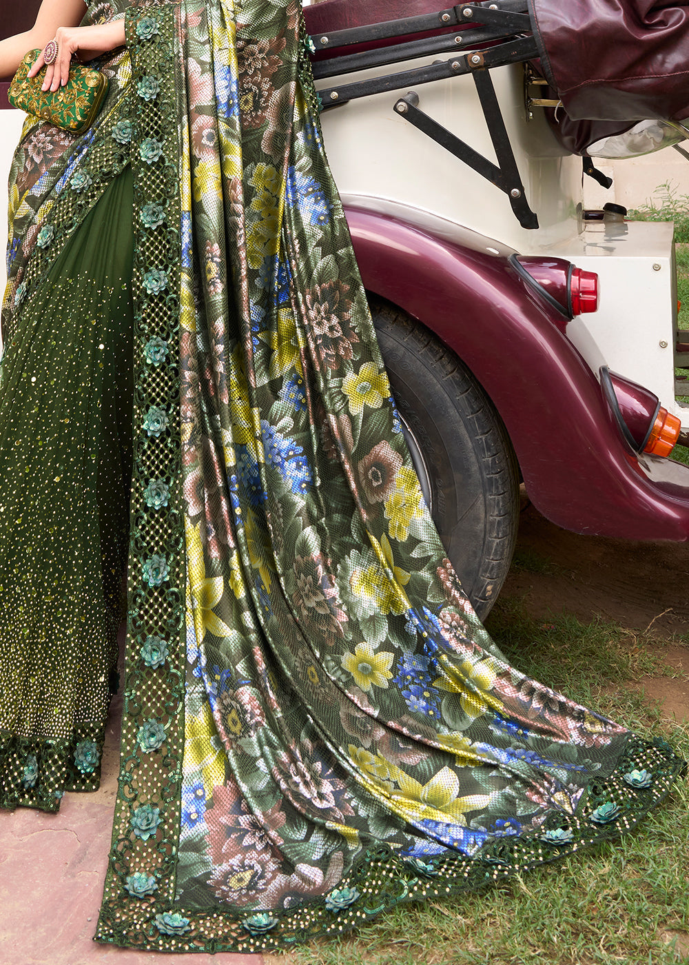 Buy MySilkLove Woodland Green Designer Silk Saree Online