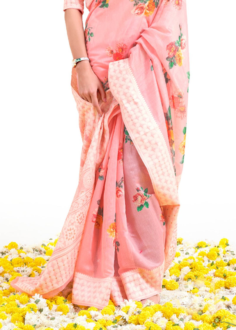 Azalea Pink Zari Woven Digital Printed Linen Saree
