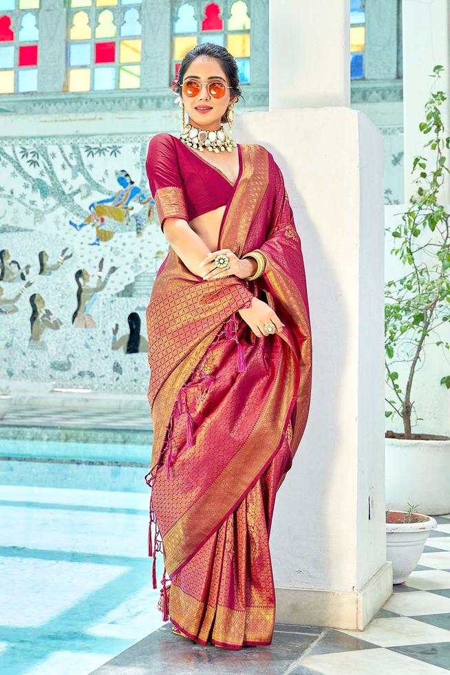 Buy MySilkLove Crail Pink Zari Woven Kanjivaram Saree Online