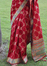 Carmine Red Zari Woven Tussar Silk Saree