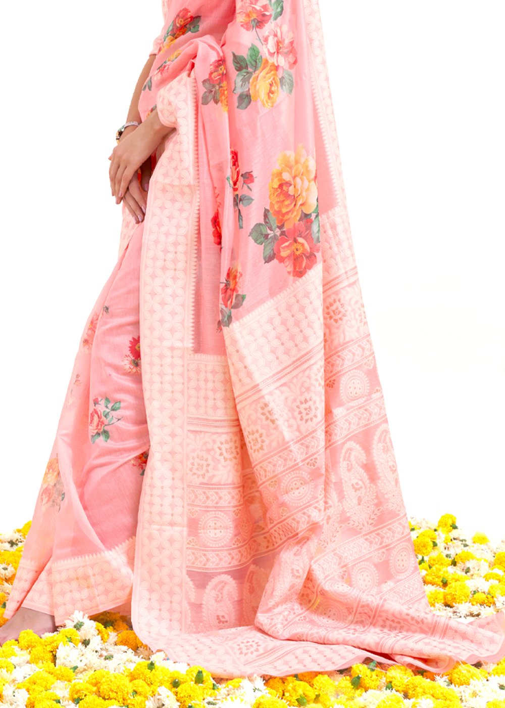 Buy MySilkLove Azalea Pink Zari Woven Digital Printed Linen Saree Online