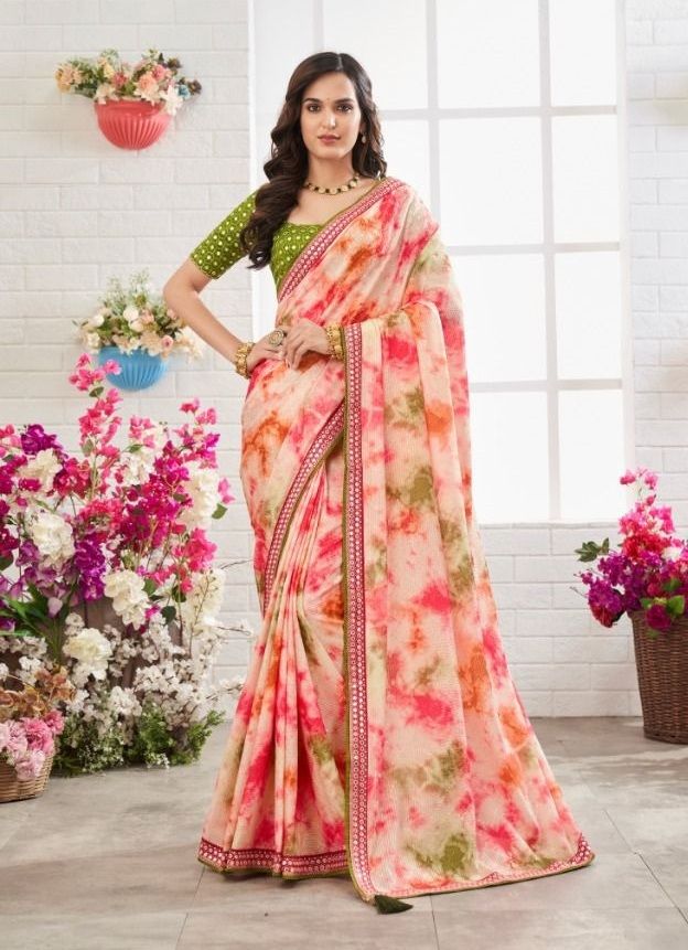 Buy MySilkLove Geraldine Pink and Green Chinon Printed Saree Online