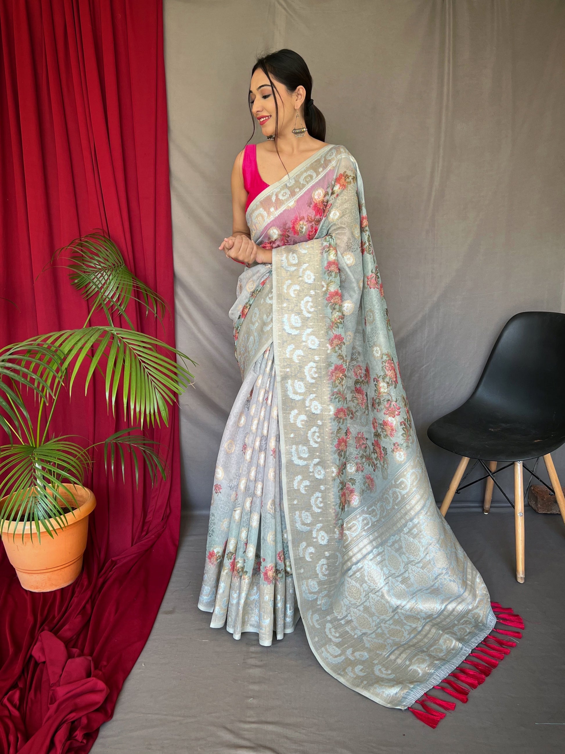 Buy MySilkLove Powder Blue Banarasi Dual Tone Floral Printed Silk Saree Online