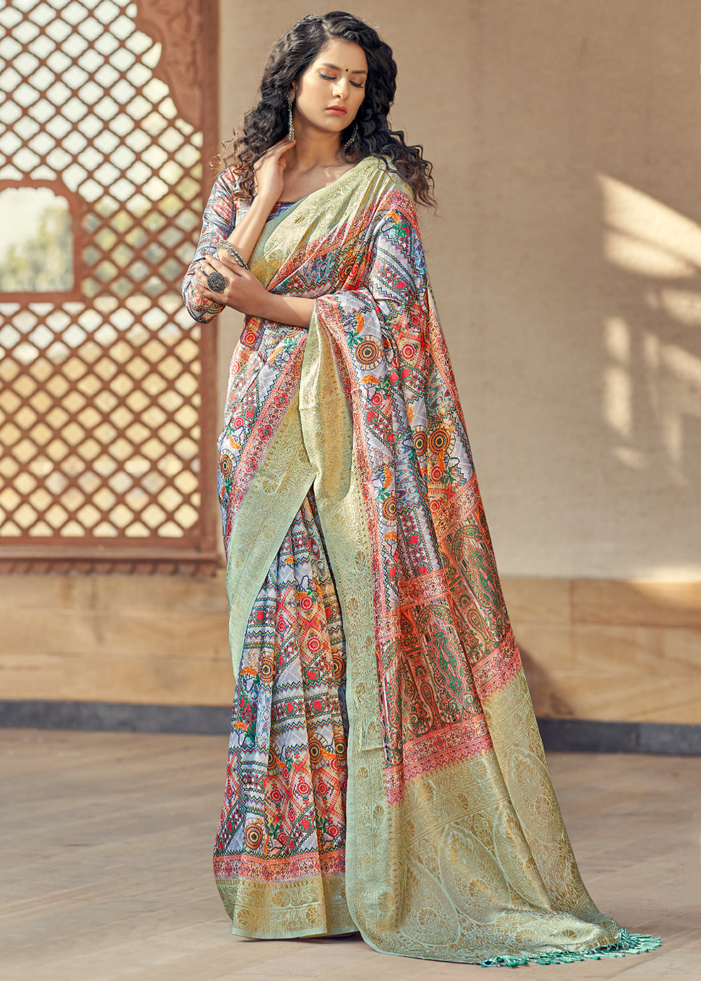 Buy MySilkLove Santas Grey Multicolored Digital Printed Jacquard Silk Saree Online