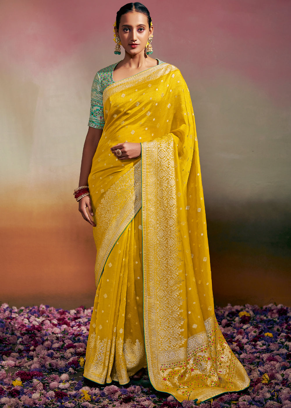 Buy MySilkLove Galliano Yellow Woven Banarasi Soft Silk Saree Online