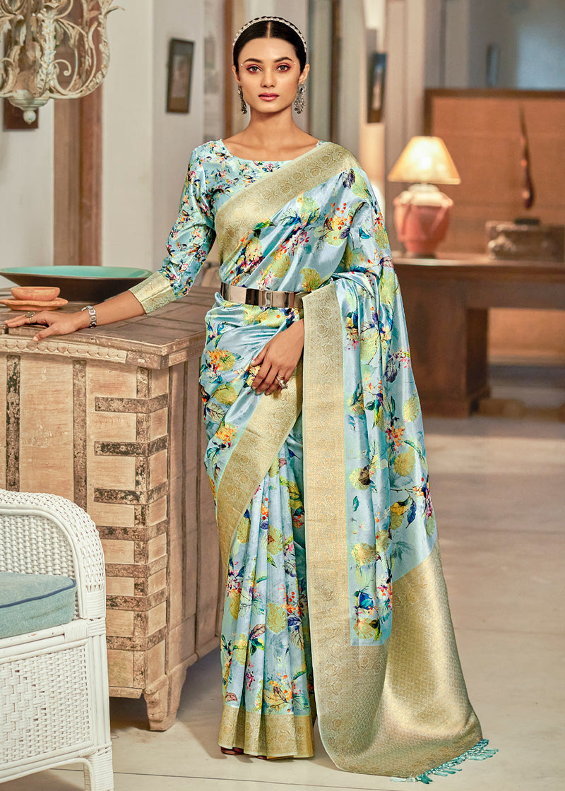 Spring Rain Blue Digital Printed Banarasi Saree