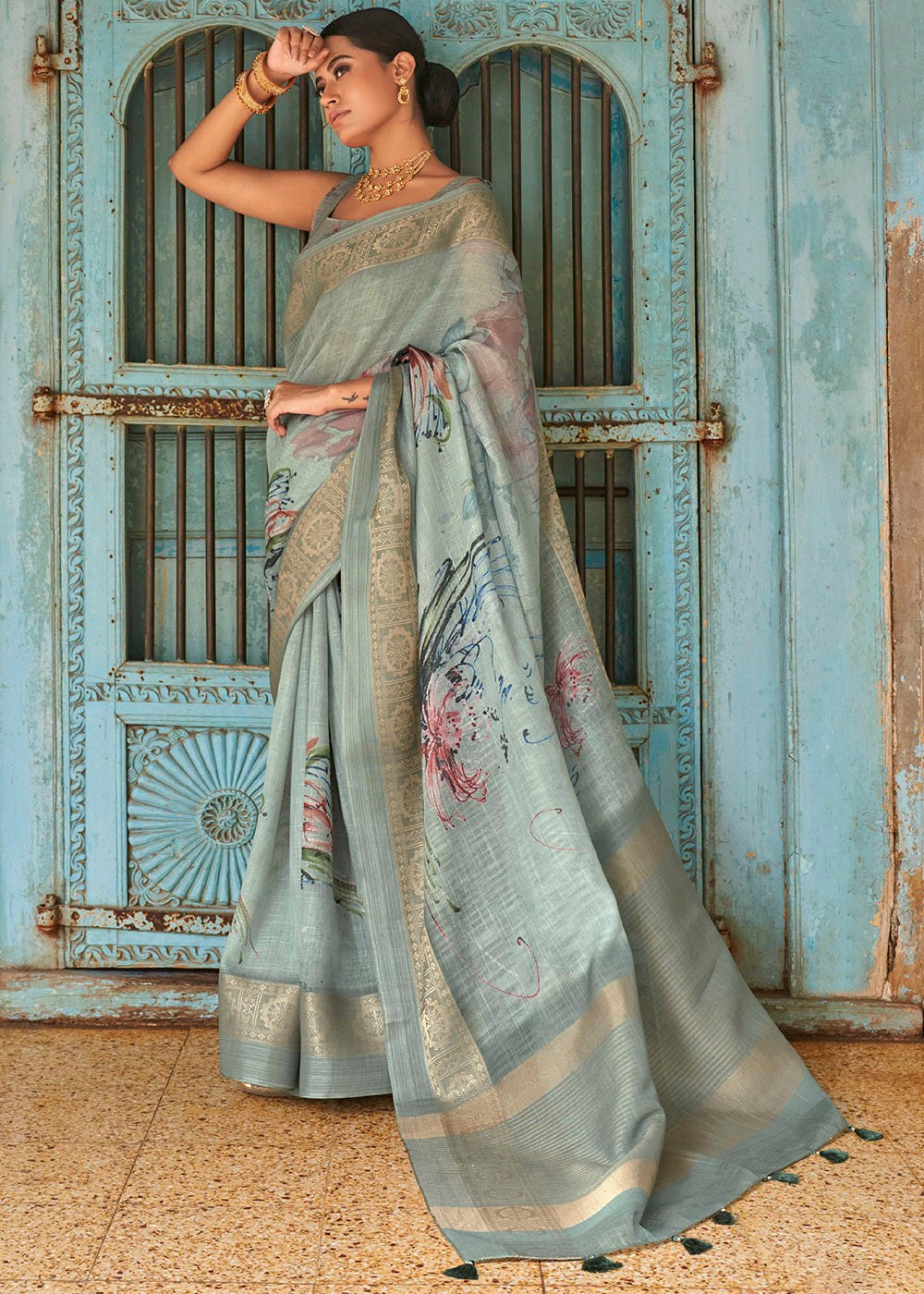 Buy MySilkLove Edward Green Floral Printed Linen Silk Saree Online