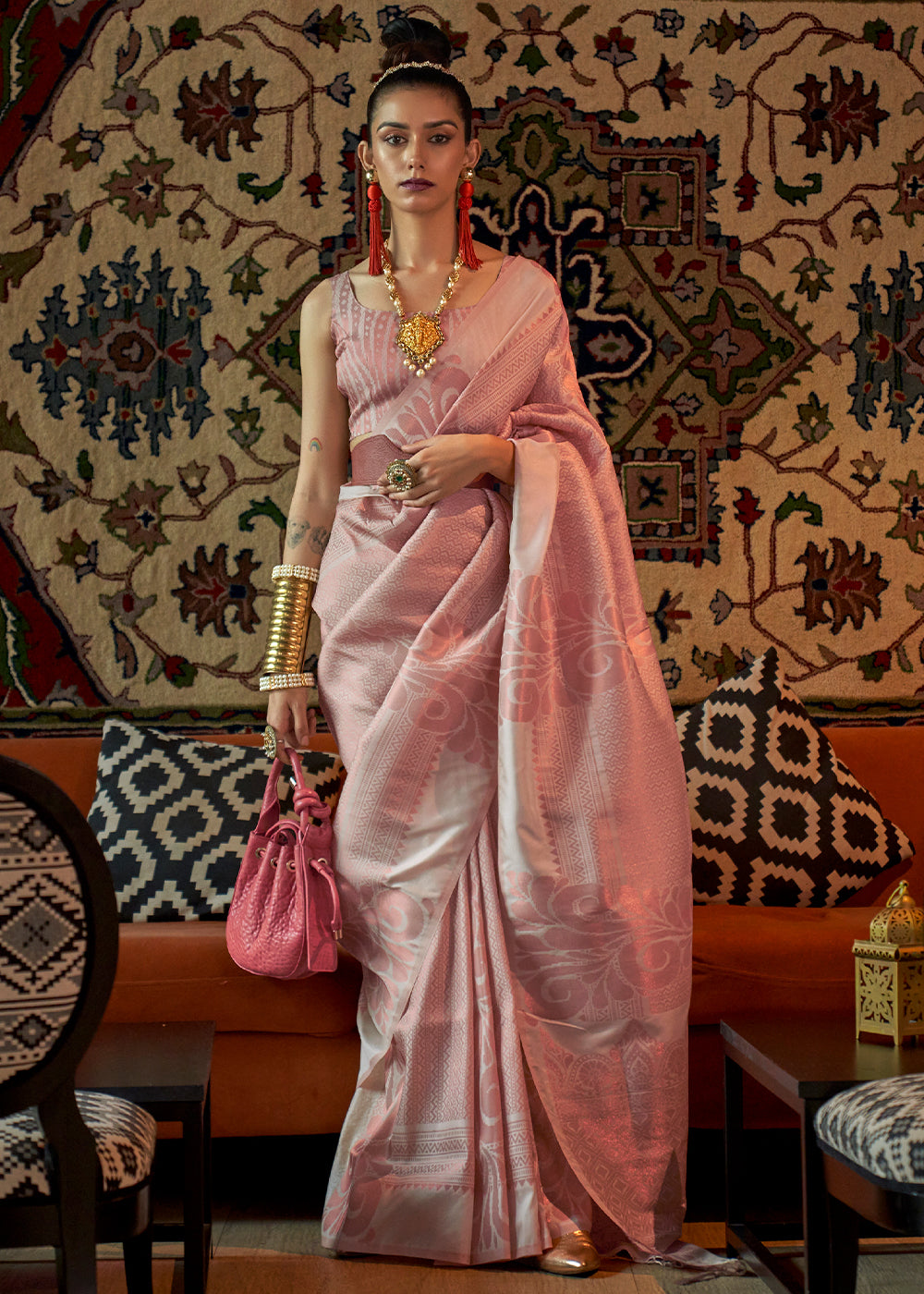 Buy MySilkLove Chestnut Light Pink Copper Zari Woven Banarasi Saree Online