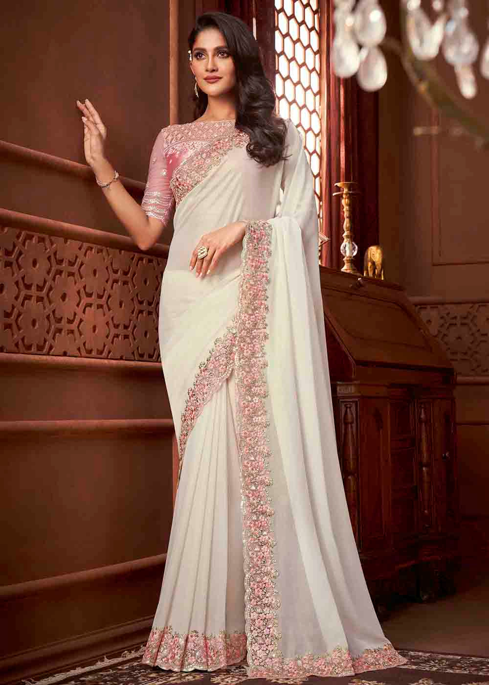 Buy MySilkLove Stark White Shimmer Georgette Designer Silk Saree Online