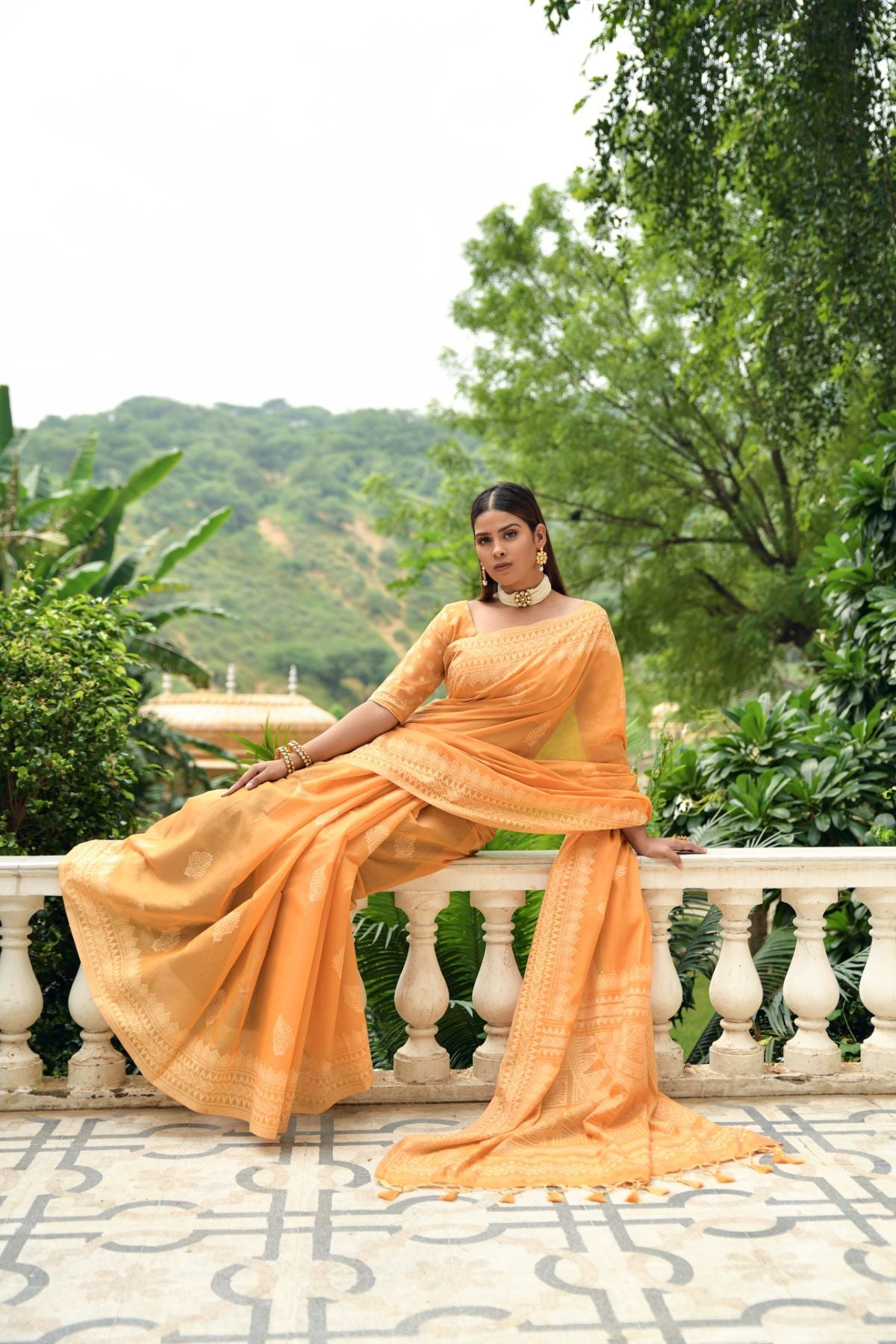 Buy MySilkLove Salomie Yellow Lucknowi Cotton Saree Online