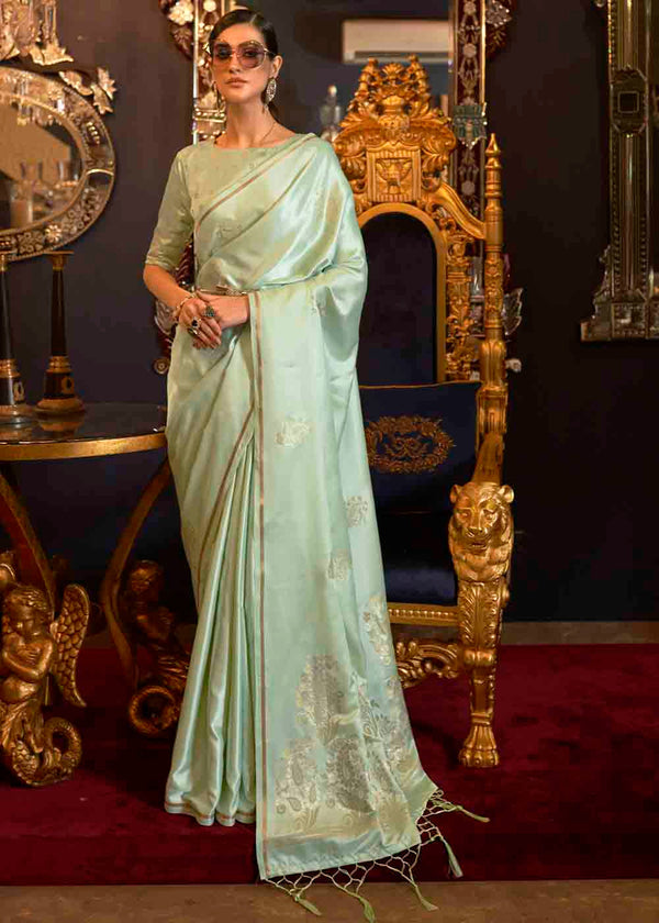 Pale Leaf Green Zari Woven Banarasi Satin Silk Saree