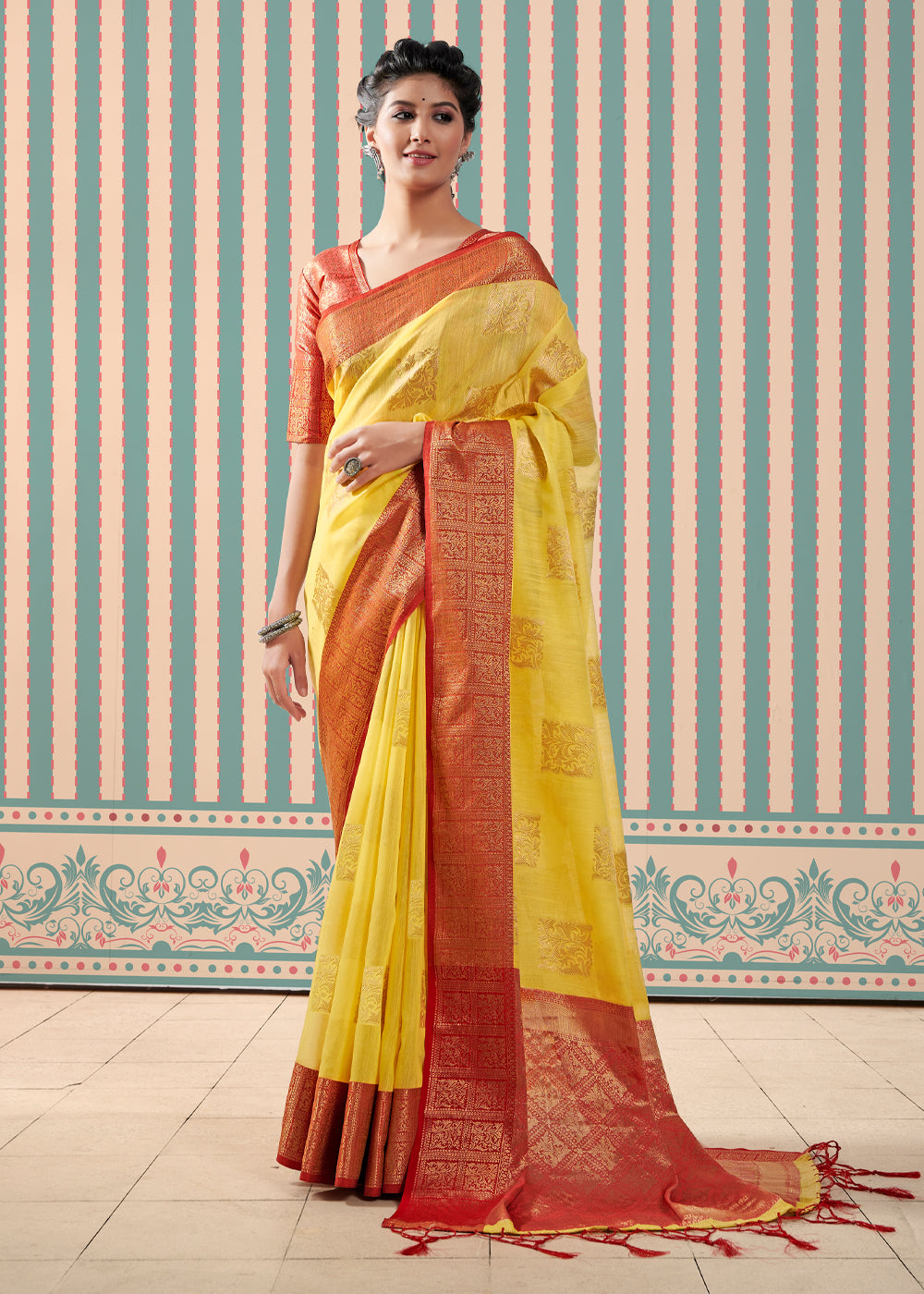 Buy MySilkLove Ronchi Yellow Zari Woven Banarasi Brocade Linen Saree Online