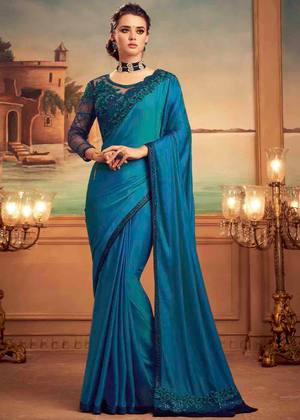 Buy MySilkLove Calypso Blue Embroidered Satin Silk Designer Saree Online