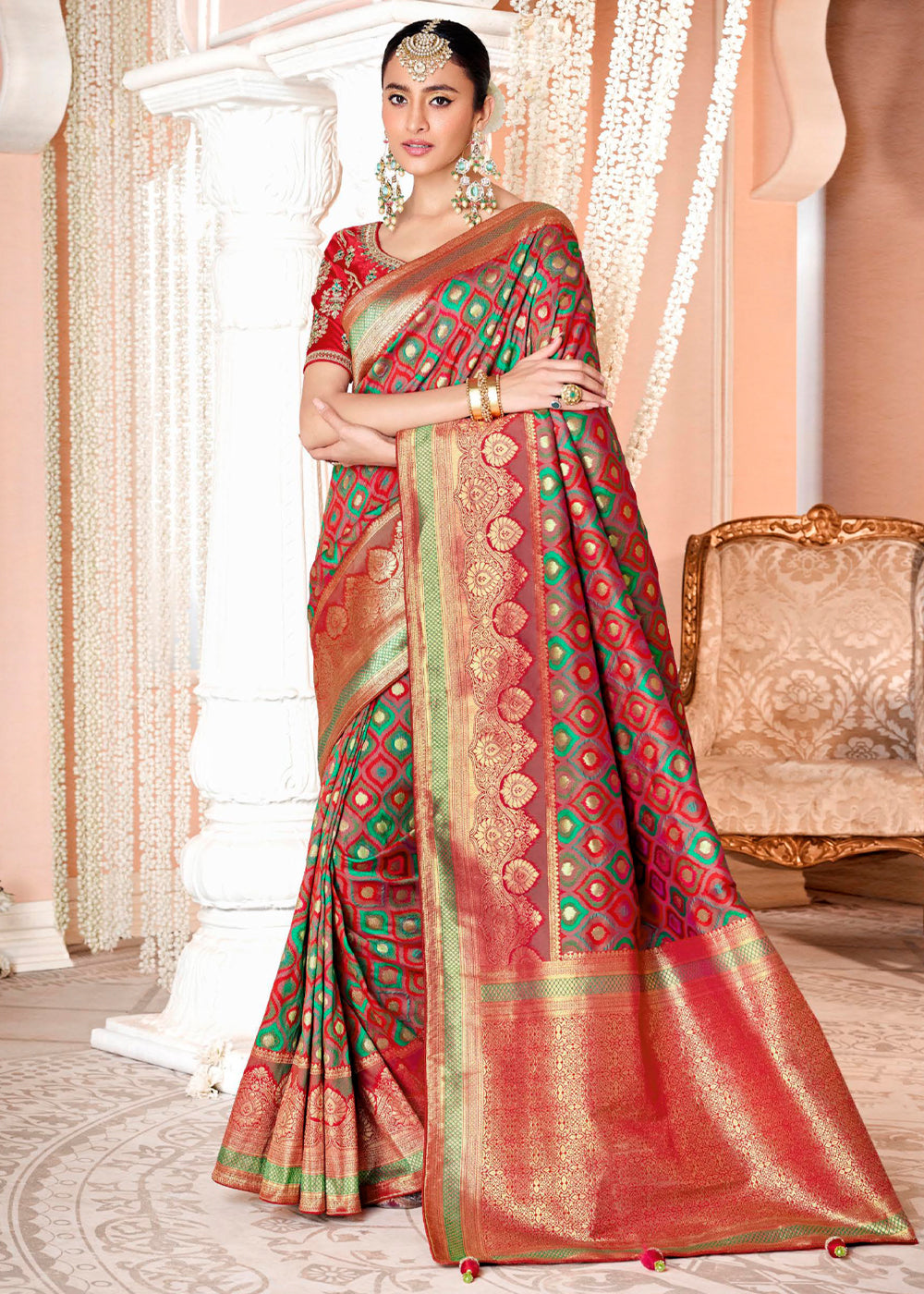 Buy MySilkLove Roof Terracotta Red Zari Woven Banarasi Saree with Designer Blouse Online