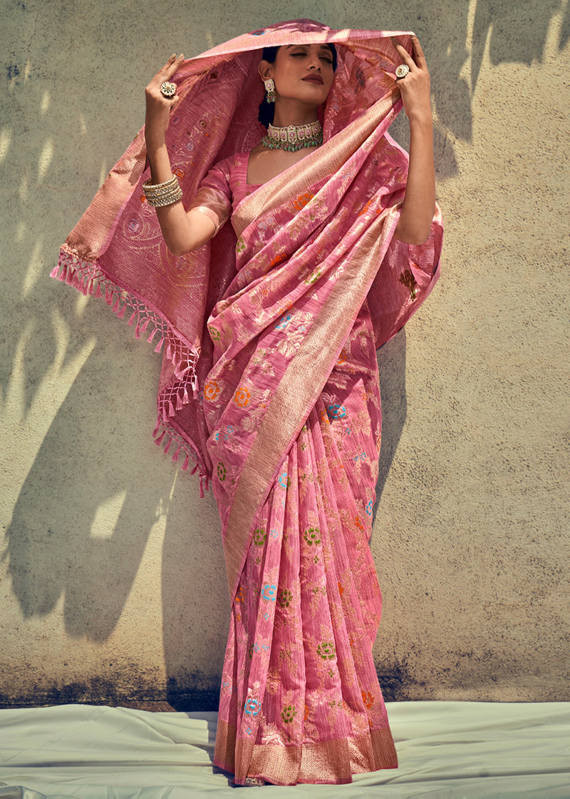 Cornflower Pink Zari Woven Banarasi Linen Saree