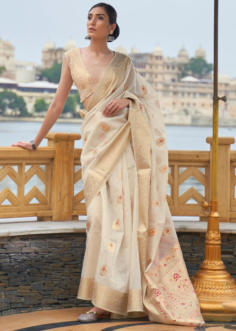 Off White & Pink Soft Lichi Silk With Zari Weaving Saree at Rs 1590.00 |  Soft Silk Saree | ID: 2852746099012