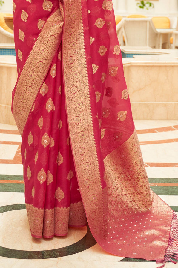 Buy MySilkLove Chestnut Red Zari Woven Organza Silk Saree Online