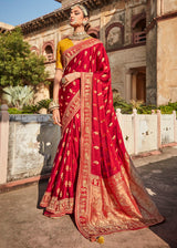 Cedar Red Zari Woven Banarasi Silk Saree with Embroidered Blouse