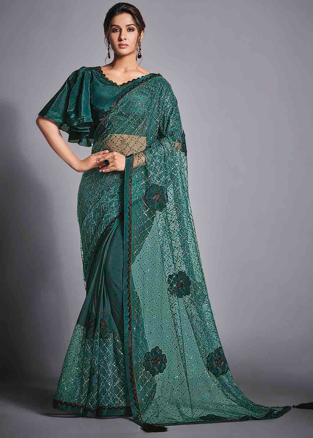 Buy MySilkLove Steel Teal Green Designer Lycra Saree with Embroidery Work Online