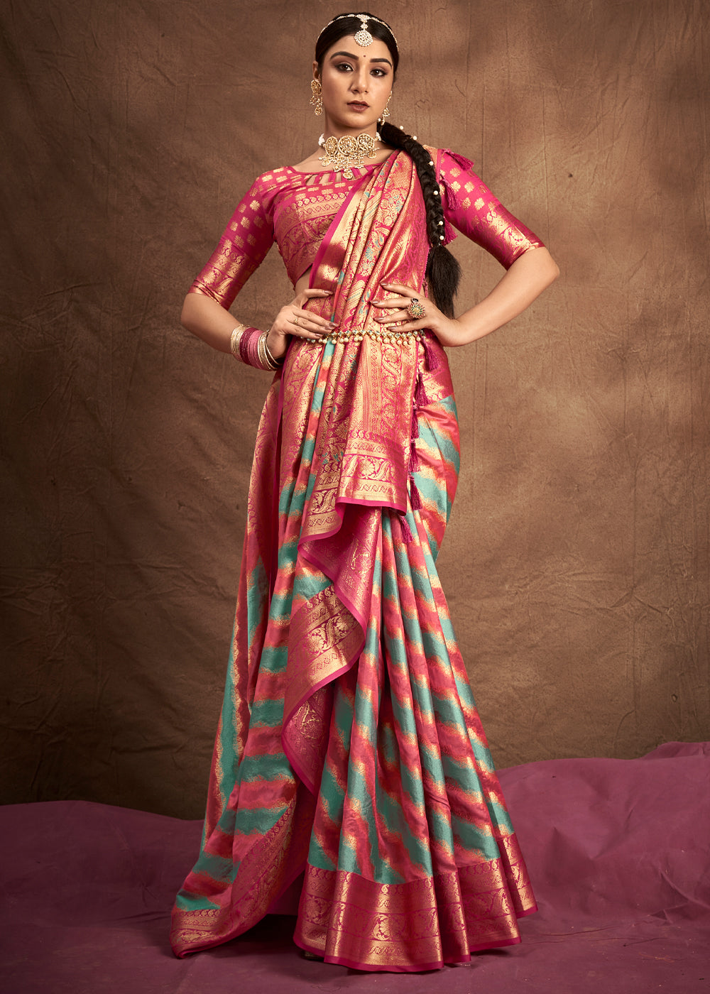 Buy MySilkLove Brick Pink and Blue Woven Rangkath Banarasi Silk Saree Online