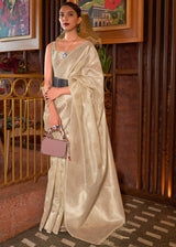 Pavlova Cream Banarasi Woven Textured Silk Saree