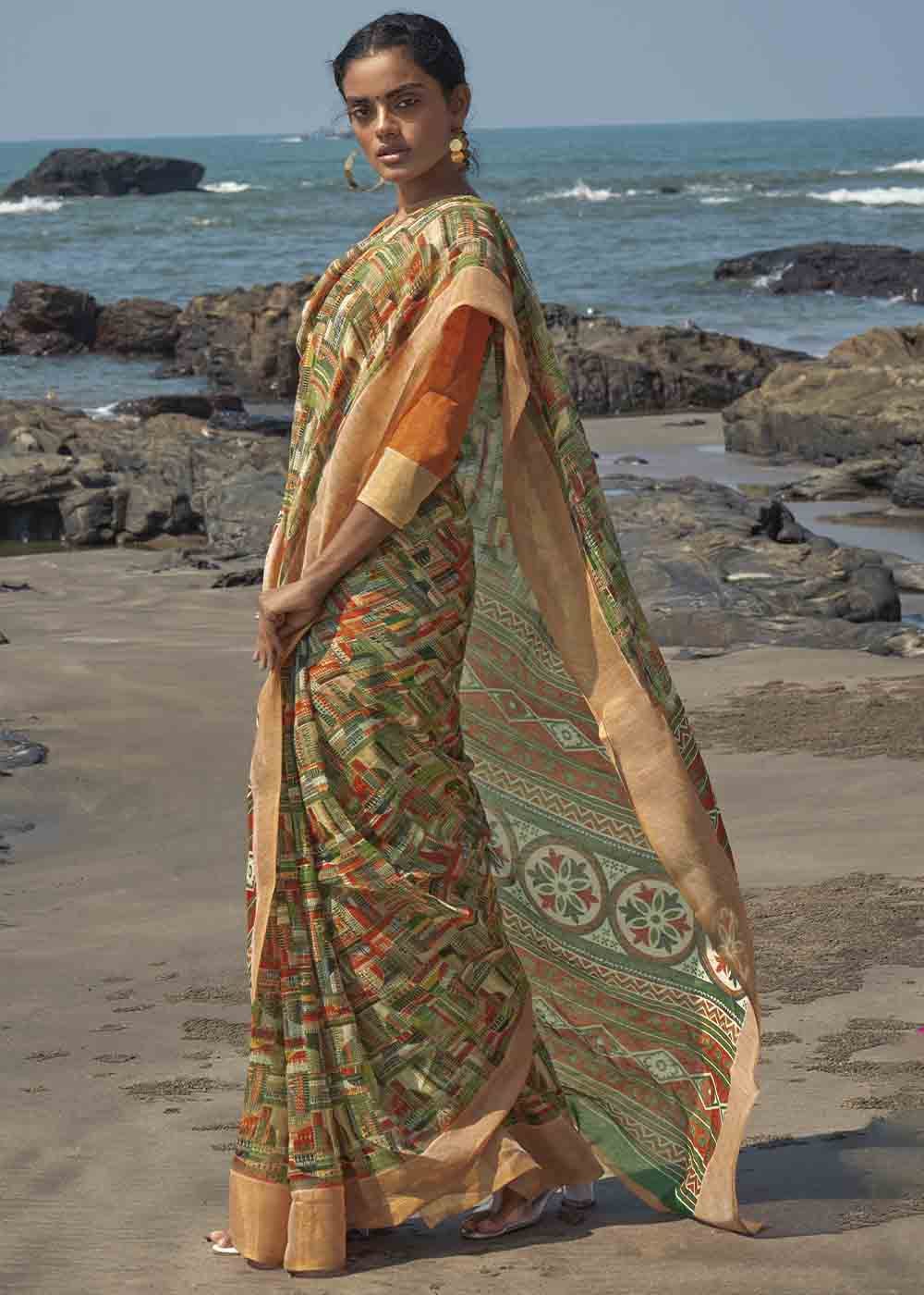 Buy MySilkLove Green Smoke and Orange Printed Cotton Saree Online