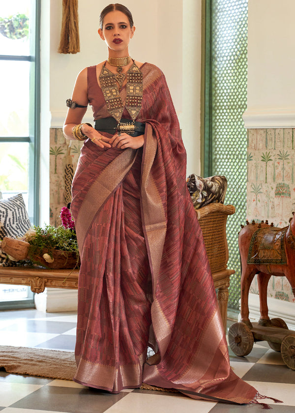 Dark Taupe Kanchi Cotton Saree with Copper Border