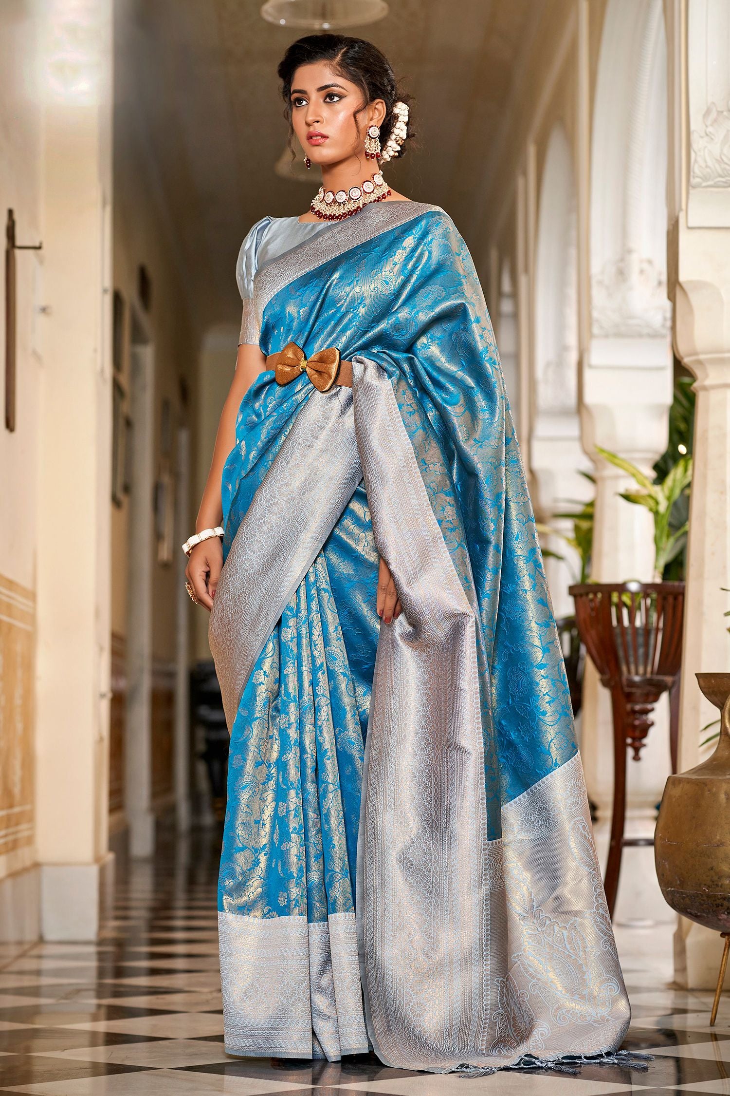 Buy MySilkLove Aquamarine Blue Silver Woven Banarasi Silk Saree Online