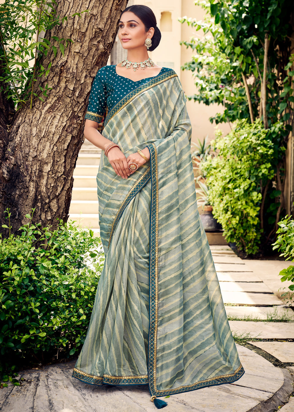 Buy MySilkLove Chathams Blue Digital Printed Lehriya Silk Saree Online