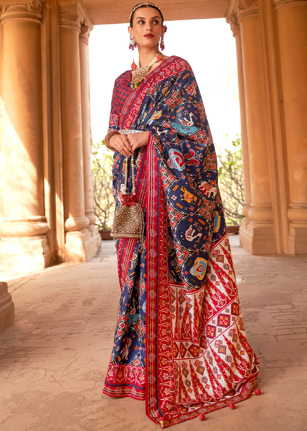 Buy MySilkLove Mulled Wine Blue and Red Printed Patola Saree Online
